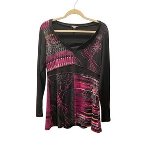 Vtg Retro Black and Pink Micro mesh Long Sleeve Top Size M